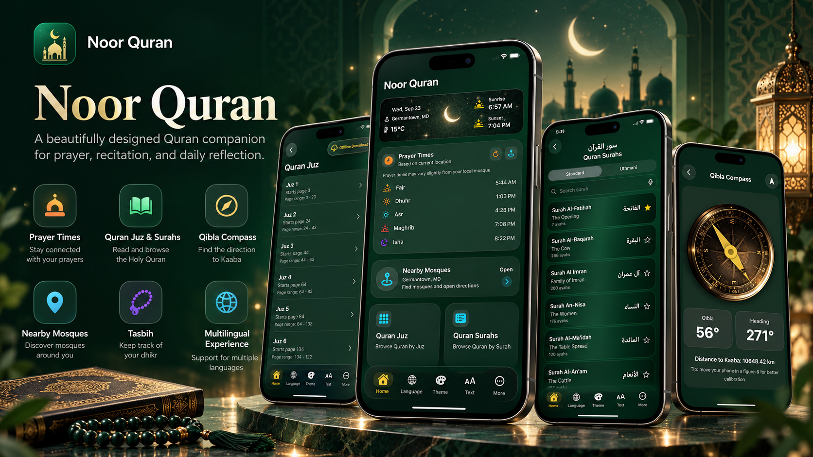 Noor Quran promotional showcase featuring prayer times, Quran Juz and Surahs, Qibla compass, nearby mosques, Tasbih, and multilingual support in a green and gold interface.